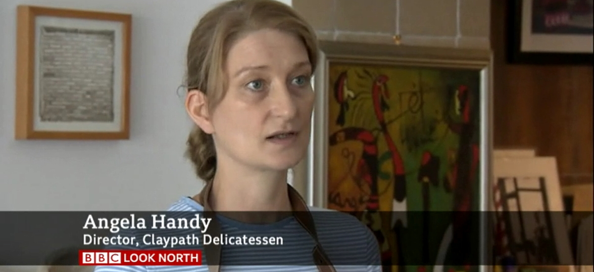 Angie Handy from Claypath Delicatessen appearing on a Look North report about Indie Durham City